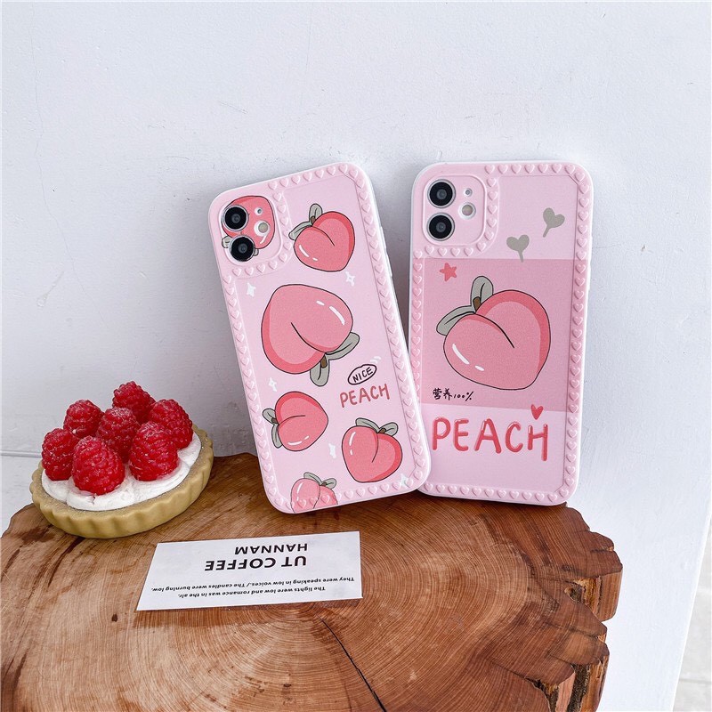 Ốp lưng iphone hình Trái Đào PEACH Viền tim nổi cạnh vuông D03 cho ip 7plus/8plus/x/xs/xsmax/11/12/pro/plus/promax