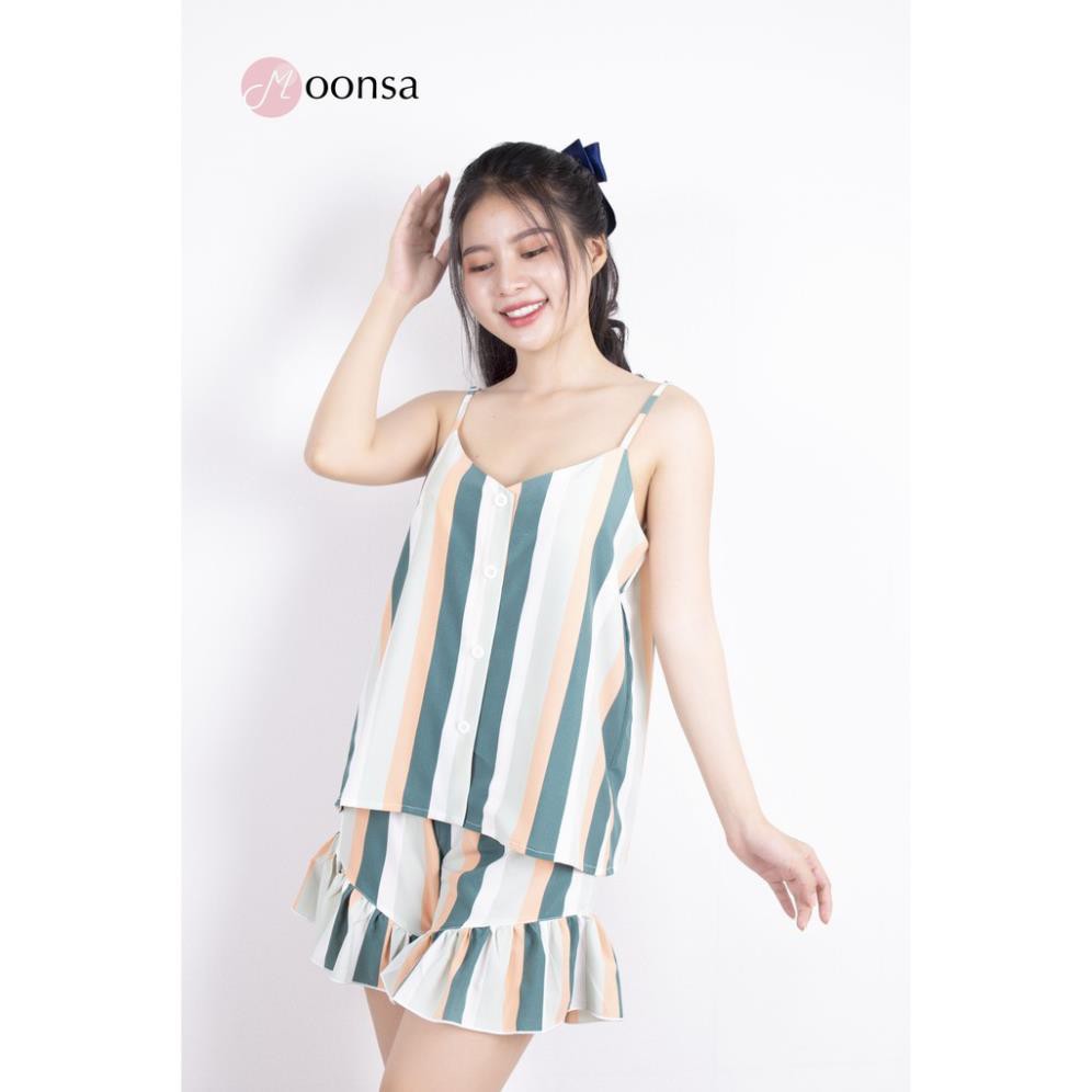 [Mã WARN60 hoàn 15% xu đơn 300k] Bộ Đồ Ngủ Lụa Hàn 2 dây Kẻ Sọc Bèo Nhún [Moonsa] | BigBuy360 - bigbuy360.vn
