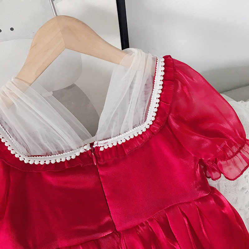 Girl Temperament French Bubble Sleeve Satin Streamer Princess Dress