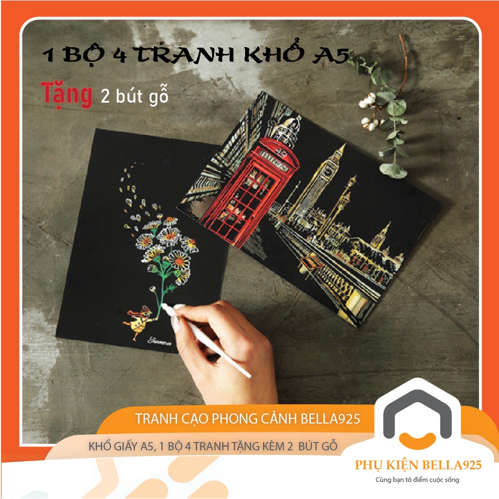 Tranh Bella925 postcard phong cảnh combo 4 tranh cạo khổ A5 tặng kèm 2 bút gỗ