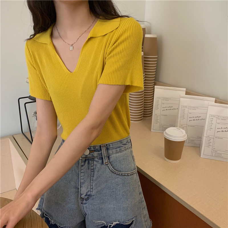 Áo Croptop Nữ Tay Ngắn Cổ Chữ V Polo Dáng Ôm Thoáng Mát Màu Trơn Thanh Lịch 8 Màu Tùy Chọn Thời Trang | BigBuy360 - bigbuy360.vn
