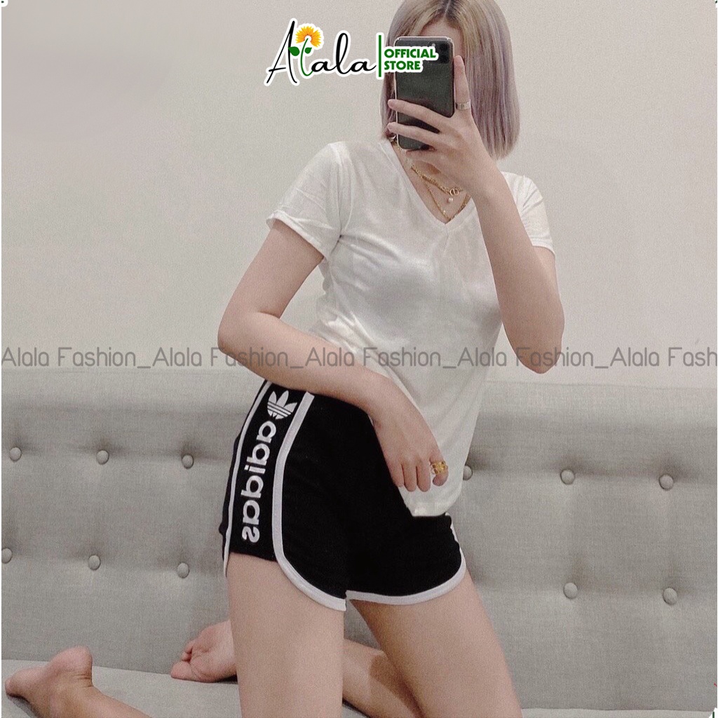 Quần short nữ cạp chun chất cotton mát viền kẻ dáng hộp kèm chữ dáng thể thao dưới 60kg