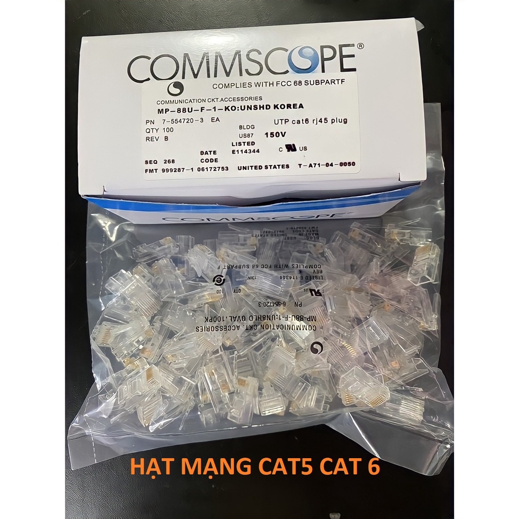 Hạt mạng RJ45 AMP Commscope cat5/cat 6 chân đồng