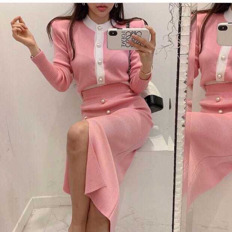 Set Len Nữ Áo Nhiều Hình + Chân Váy Bút Chì Cực Xinh