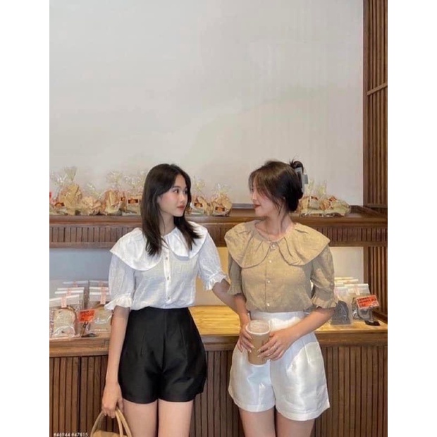 Quần short ống phồng tafta lưng cao xếp ly tôn eo hàng đẹp