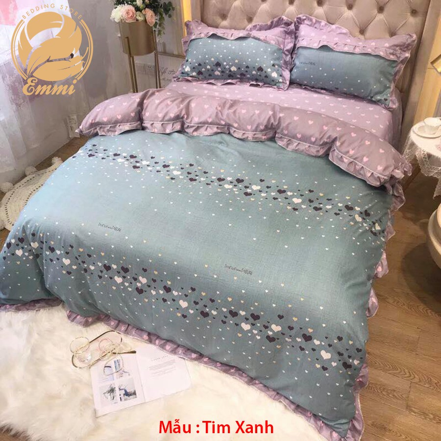 Bộ Chăn Ga Gối Cotton Đũi Bánh Bèo Emmidecor