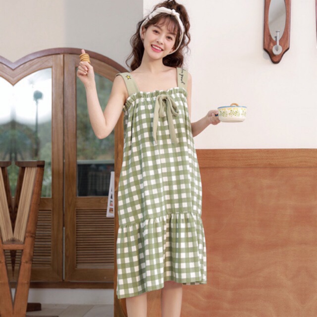 Váy ngủ 2 dây cotton mặc nhà mẫu mới 2021