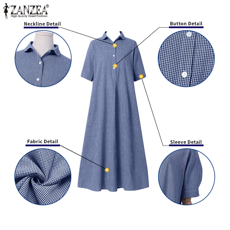 Đầm ZANZEA ngắn tay form rộng họa tiết ca rô đơn giản dành cho nữ