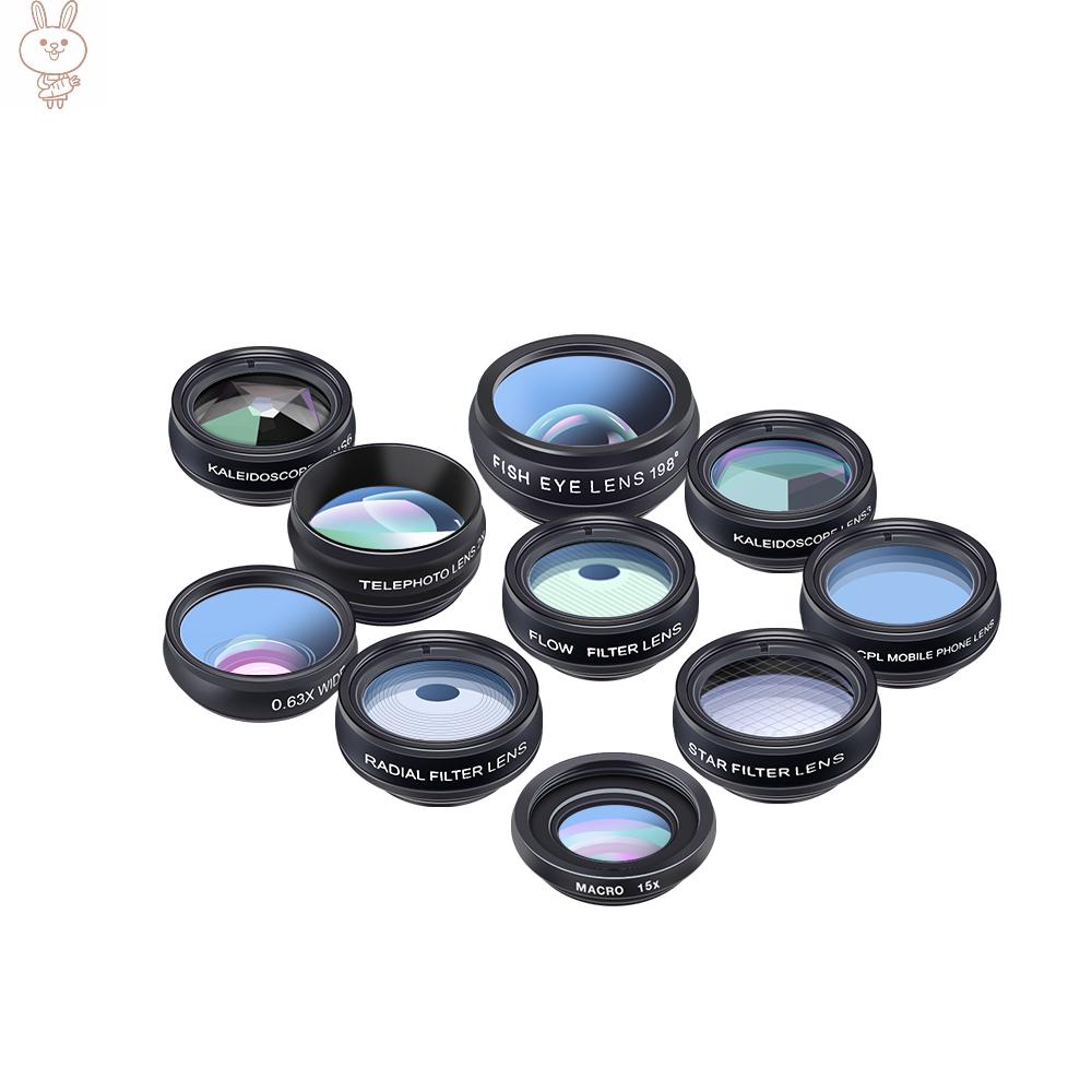 Only♥APEXEL 10 in 1 Phone Camera Lens Kit with 0.63X Wide Angle + 15X Macro + 198°Fisheye + 2X Telephoto + CPL + Star Filter + Radial Filter + Flow Filter + Kaleidoscope 3 + Kaleidoscope 6 Compatible with Android 