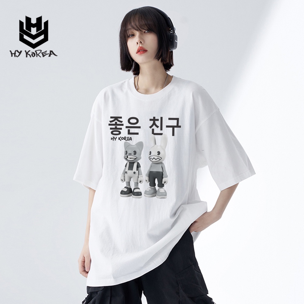 Áo Thun Tay Lỡ Couple Đôi HY Korea Form Rộng Cotton 100 In Hình Mèo Thỏ Hàn Quốc 513.