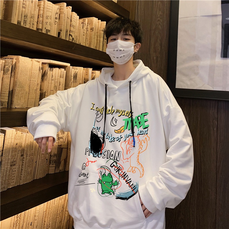 Áo hoodie cổ tròn dáng rộng họa tiết graffiti phong cách hiphop mới 2021 cho nam