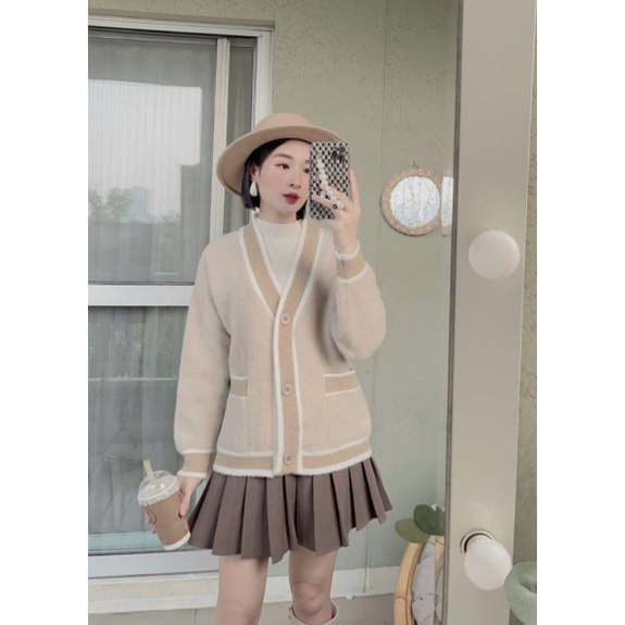 Áo khoác cardigan len lông 2 túi form rộng siêu xinh phong cách Hàn Quốc