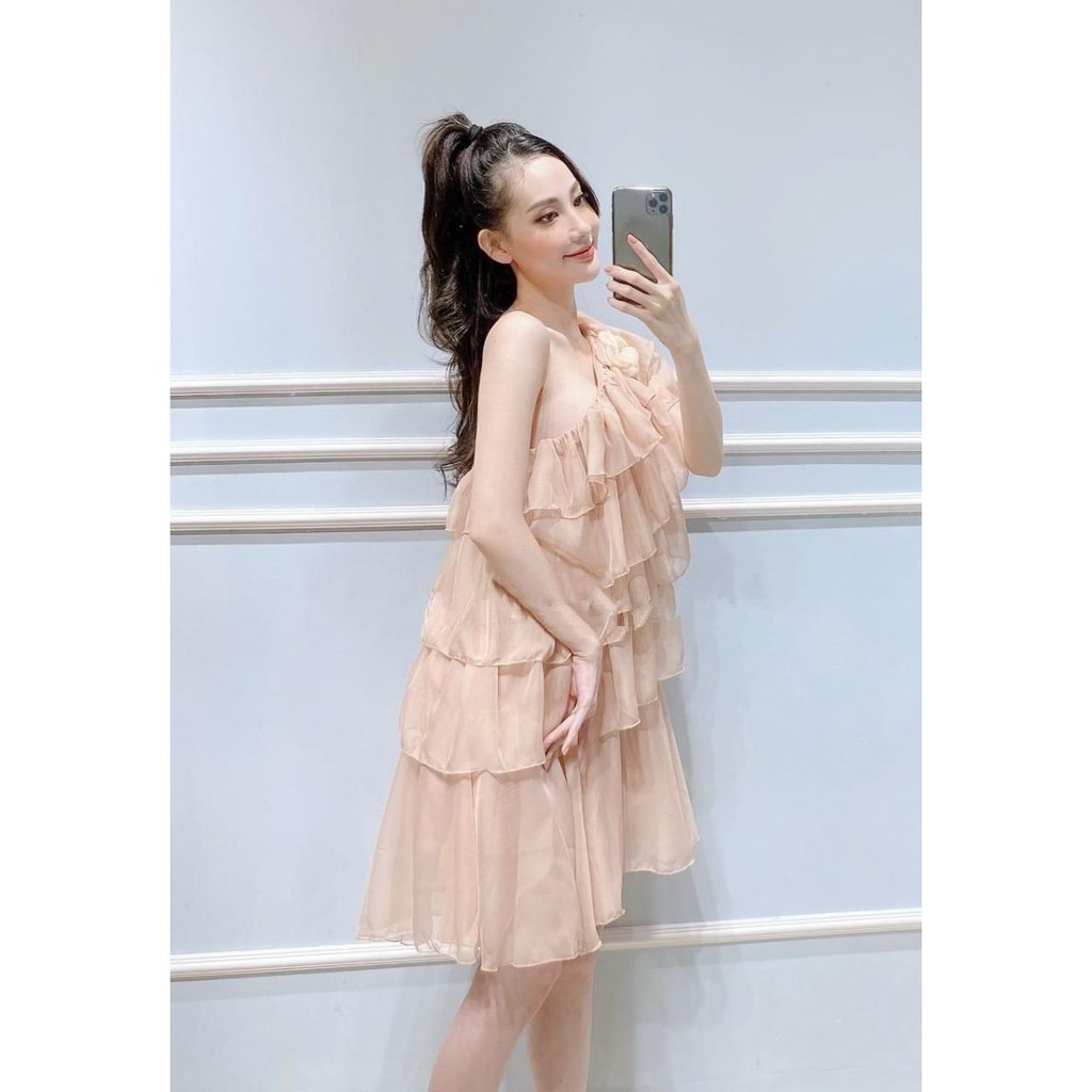 Đầm Suông Xếp Tầng Lệch 1 Vai Chất Voan Chiffon Có Lót Kèm Tag Hoa Rời