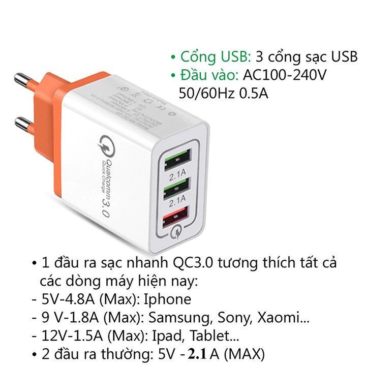 Sạc nhanh QC 3.0 cao cấp 3 cổng có hỗ trợ với cả các thiết bị IOS , sạc nhanh với mức tối đa nhận dạng