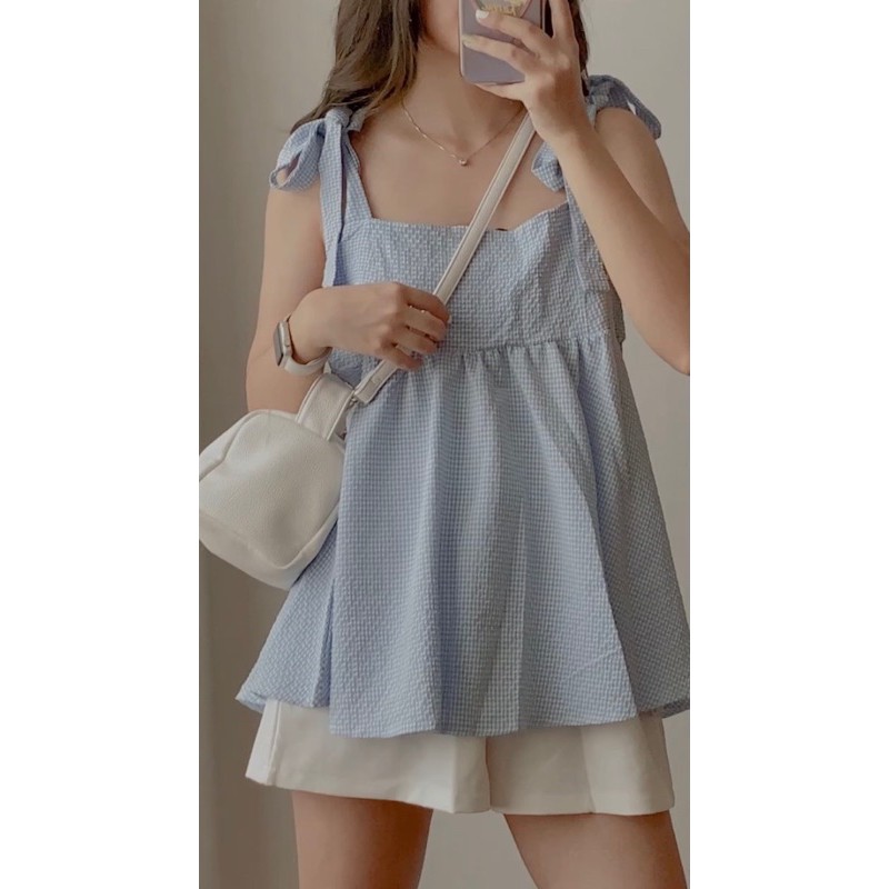 Set Áo Hai Dây Babydoll Buộc Nơ Vai Kèm Quần Sooc Trắng Ulzzang