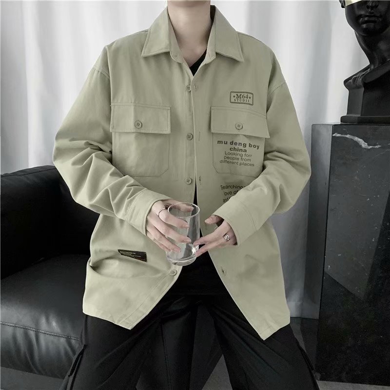 Áo khoác sơ mi dáng rộng họa tiết chữ phong cách Hàn Quốc trẻ trung thời trang