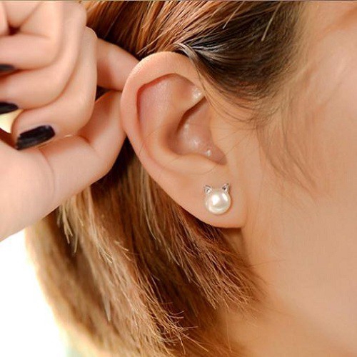 Bông Tai Hình Mèo Đính Ngọc Trai Đơn Giản Phong Cách Hàn Quốc