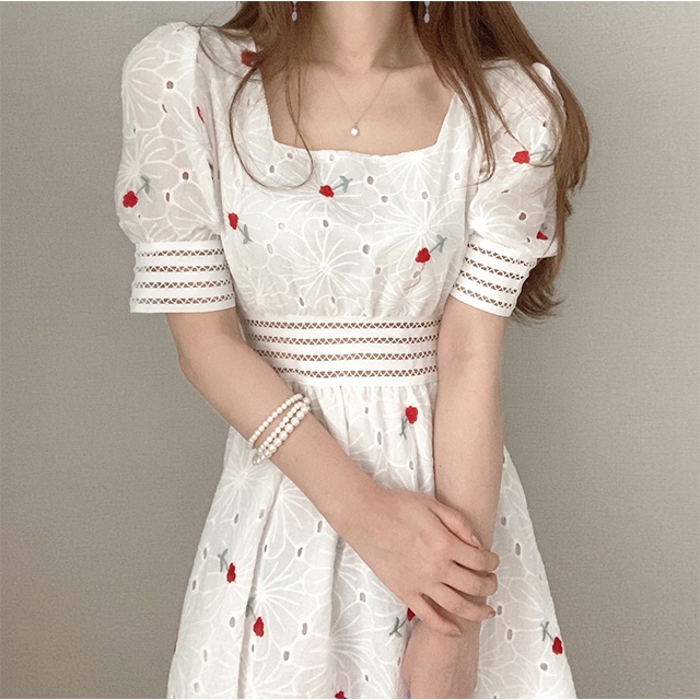 Đầm Dài Tay Phồng Cổ Vuông Thêu Họa Tiết Hoa Phong Cách Hàn Quốc Thời Trang Mùa Hè Cho Nữ