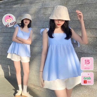 [Set áo babydoll 2 dây kẻ xanh xốp kèm quần sooc trắng xixeoshop - V42
