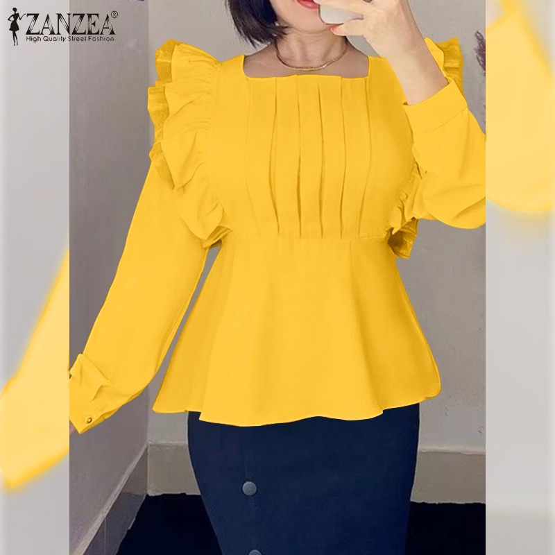 Áo ZANZEA cổ vuông màu trơn phối bèo thời trang Châu Âu cho phái nữ