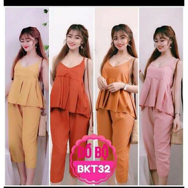 Bộ voan lụa quần lửng trơn màu