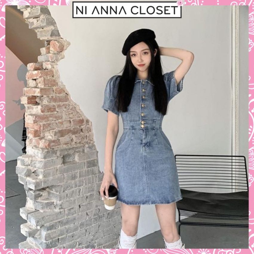 Đầm Jean Sơ Mi Tay Ngắn Váy Jeans Chữ A Dễ Thương NI022 Ni Anna Closet