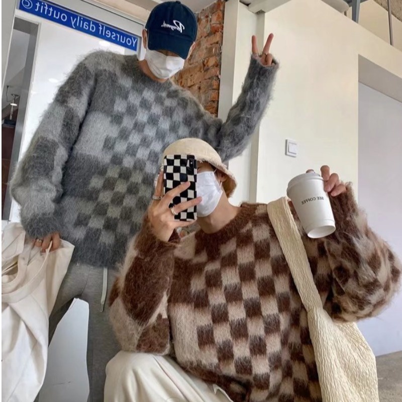 Áo sweater dáng rộng họa tiết kẻ sọc phong cách retro Nhật Bản thời trang thu đông cho nam