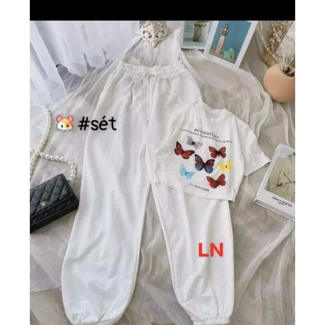Sét áo croptop bướm BUTTER +quần bom LN11