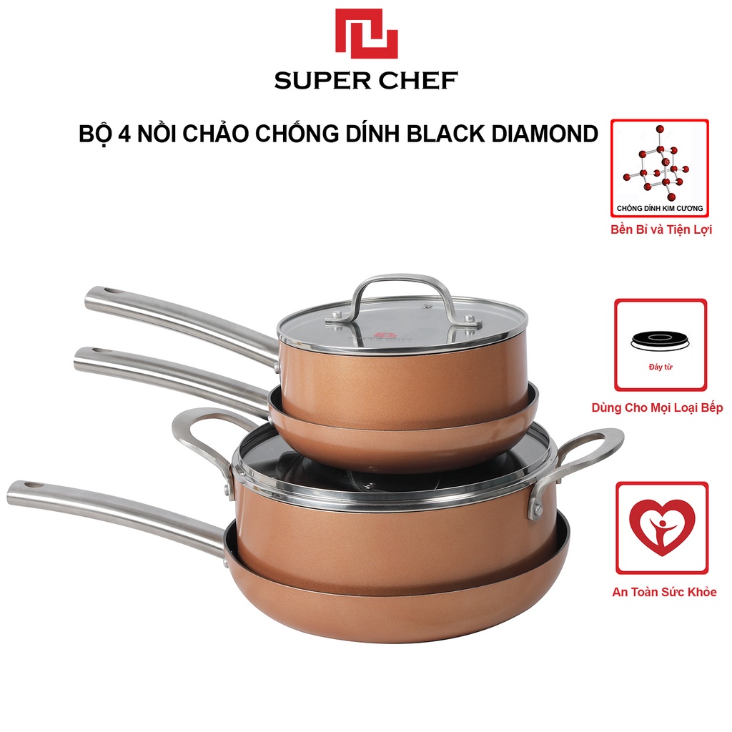 Bộ 4 Nồi Chảo Chống Dính Black Diamon Super Chef Siêu Bền, Chống Dính Hơn