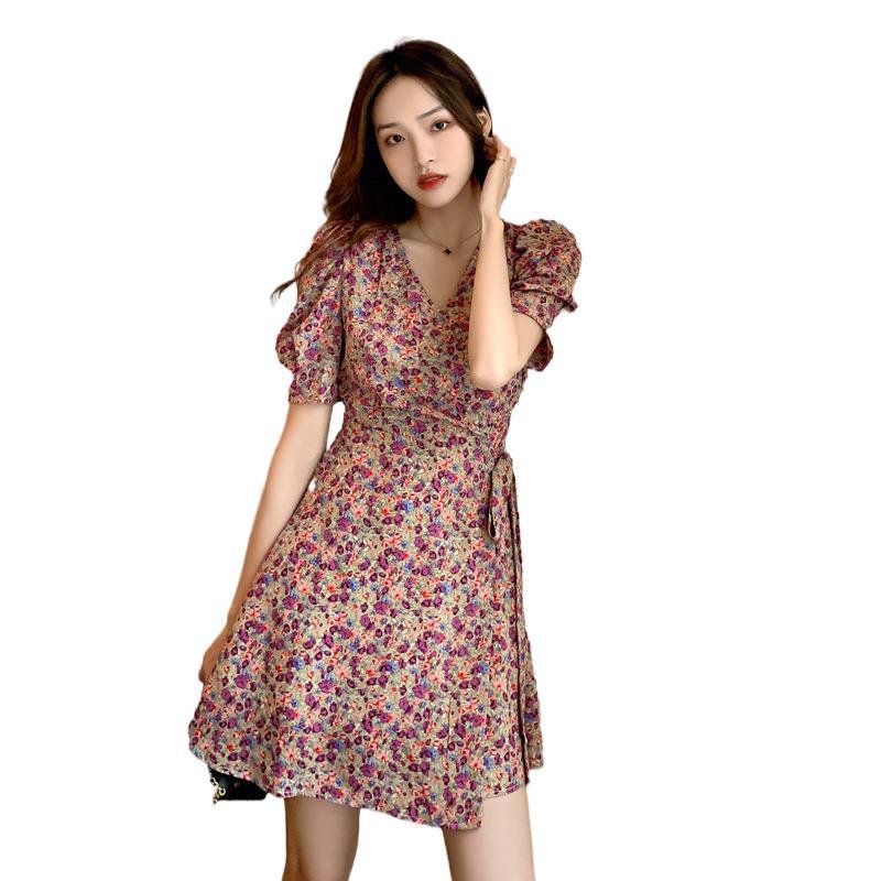 M-4XL Floral Dress Casual Dress Puff Sleeve Retro Plain Floral Print Square Neck Lace Up Bubble Sleeve Dress with Sleeves | BigBuy360 - bigbuy360.vn