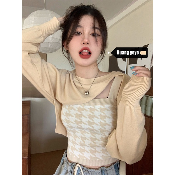 Áo dệt kim nữ hai dây họa tiết caro đơn giản thời trang