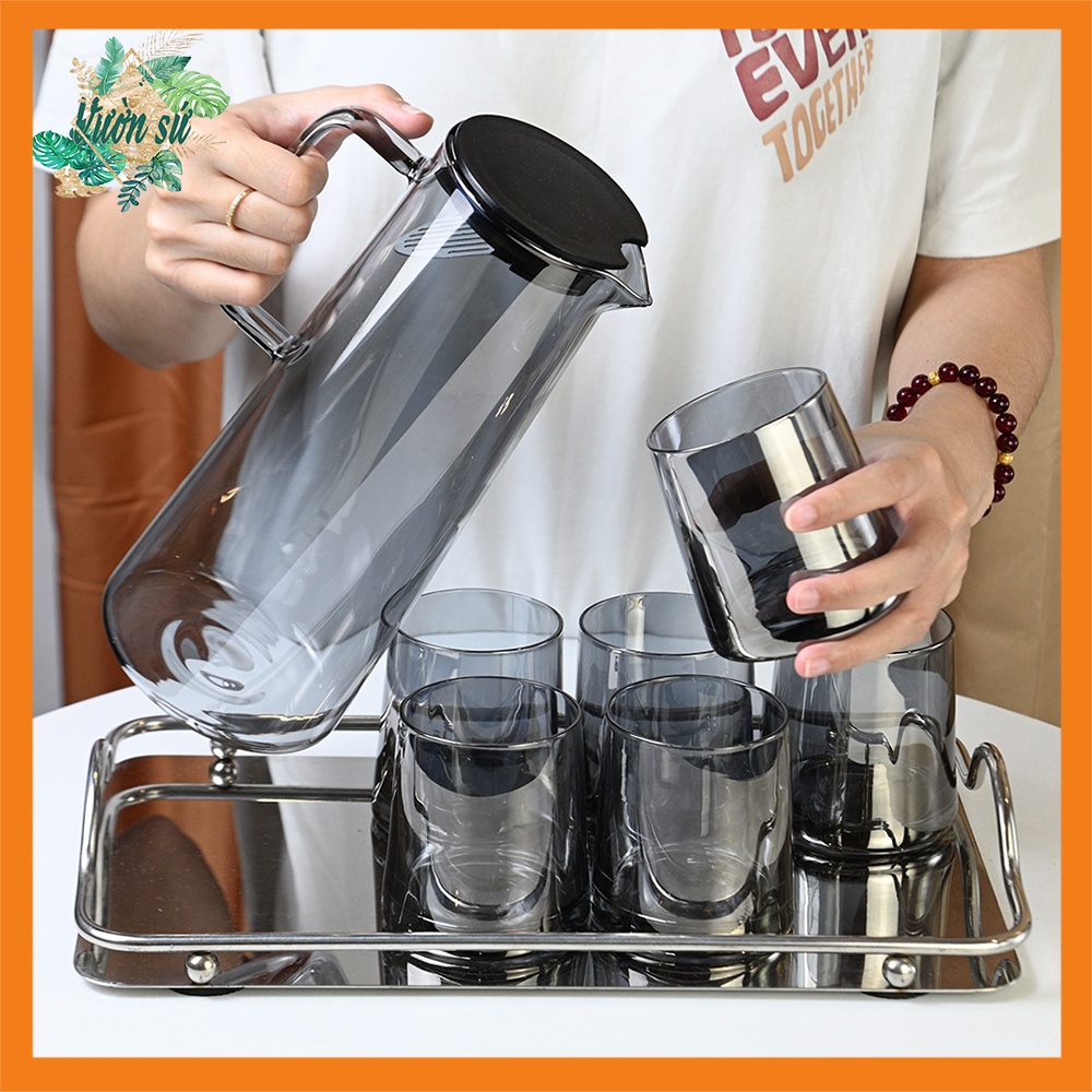 Bình nước thuỷ tinh chịu nhiệt Soda Lime kèm khay cao cấp Cốc thủy tinh pha lê cao cấp
