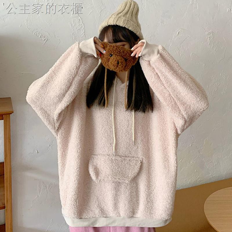 Plus Áo Khoác Hoodie Vải Cashmere Phối Nhung Dày Dáng Rộng Thiết Kế Trẻ Trung Cho Nữ