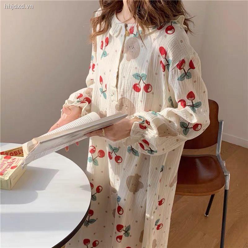 Bộ đồ ngủ dáng dài in họa tiết quả cherry dễ thương thoải mái thời trang mùa thu dành cho nữ 2021