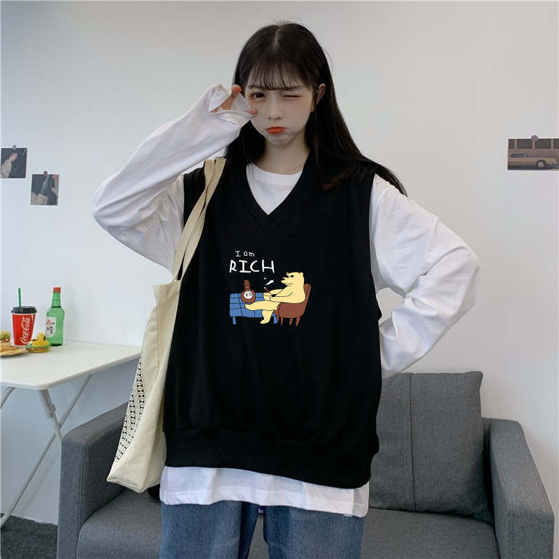 Áo cổ V không tay dáng rộng kiểu Hàn Quốc xinh xắn cho bạn nữ