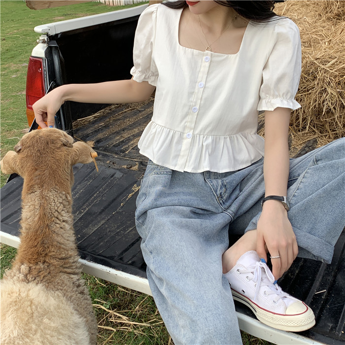 Women's French Square Neck Puff Sleeve Crop Tops Loose Fashion Summer Solid Short Sleeve Ruffles Blouse | BigBuy360 - bigbuy360.vn