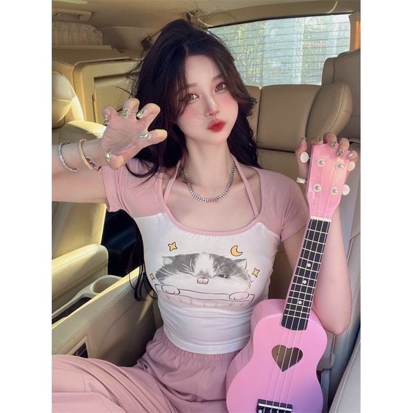 Áo croptop GB MÈO ĐÊM tay ngắn cổ vuông hình in siêu cute dễ thương cho Nữ - alohashop91