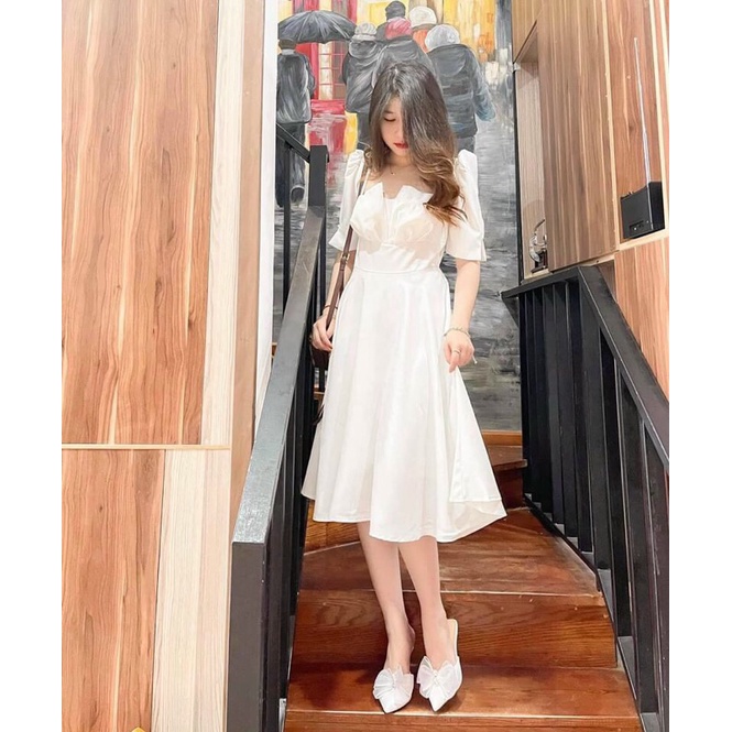 Maxi trắng xếp ngực kiểu bo eo nơ lưng
