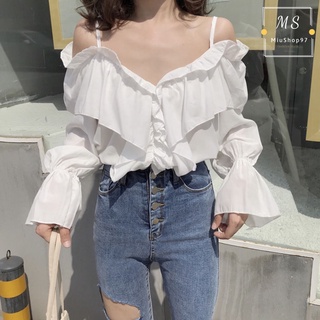 Áo Sơ Mi Trắng Tay Dài Chất Chiffon Thiết Kế Trễ Vai Quyến Rũ