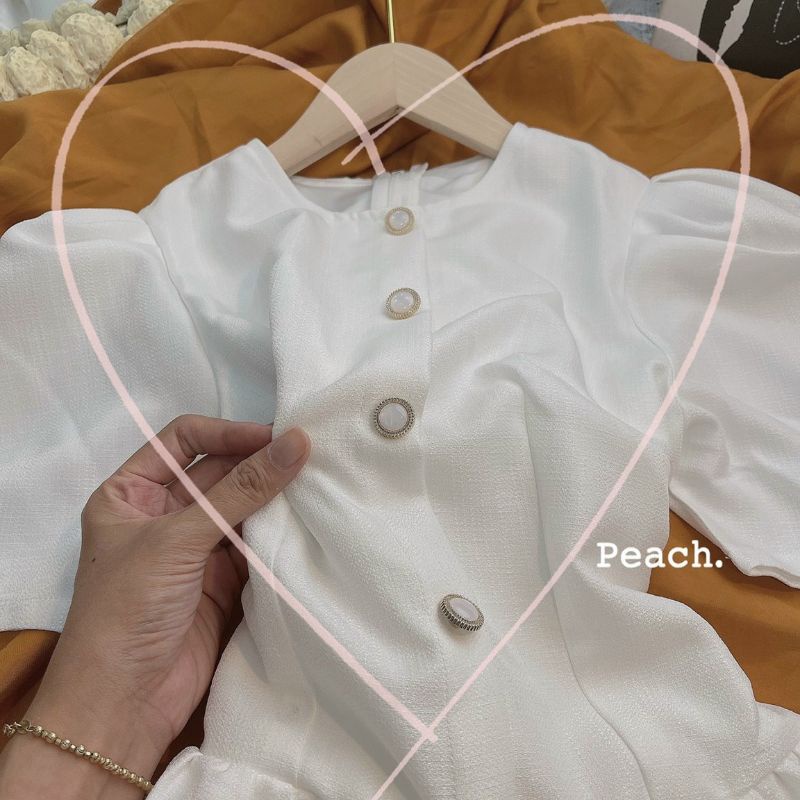 Đầm trắng tay phồng xòe tinh khôi đính nút Hanny Dress
