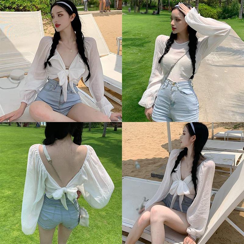Korean Puff Sleeve Shirts Solid Color Crop Tops V-neck Navel Knotted Long Sleeve Sexy Shirts | BigBuy360 - bigbuy360.vn