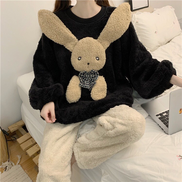 Set bộ đồ ngủ lông logo thỏ bông chất lông cừu có nơ cực xinh_Ranstore  🌿 | BigBuy360 - bigbuy360.vn