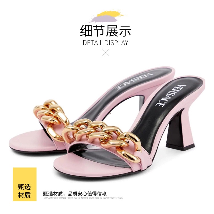 Dép Sandal Cao Gót Mũi Tròn Đế Dày Phối Dây Xích Kim Loại Thời Trang Mùa Hè Hàng Mới Dành Cho Bạn Nữ 2022