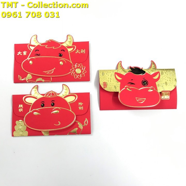 Set 3 bao lì xì hình con trâu 3D nhũ vàng (Mẫu 1) chất liệu giấy bìa, màu đỏ - SP005139