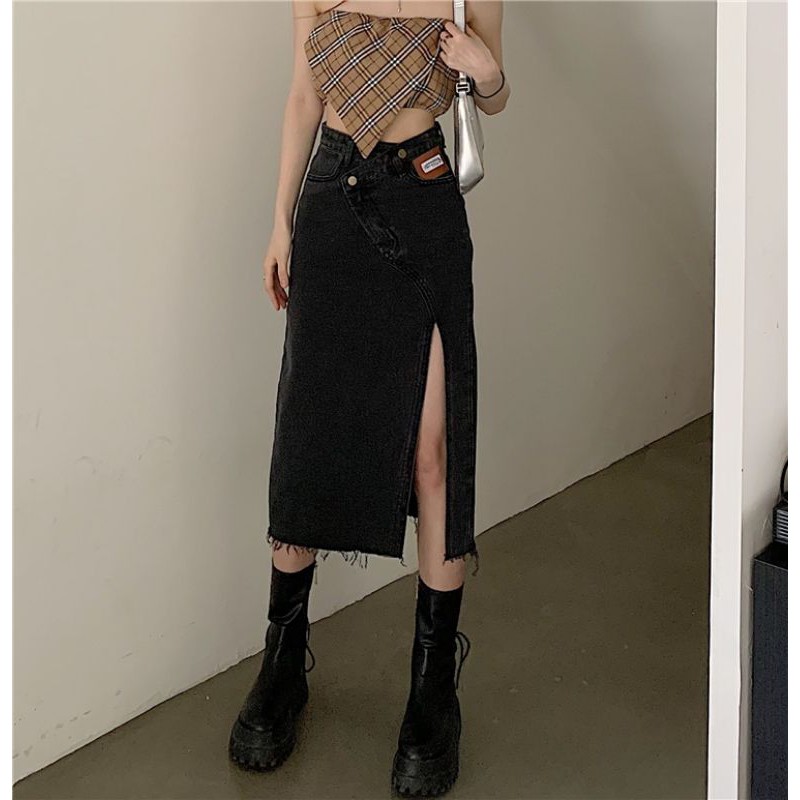 Chân váy jeans dài xẻ đùi cao phối đai eo chéo cá tính