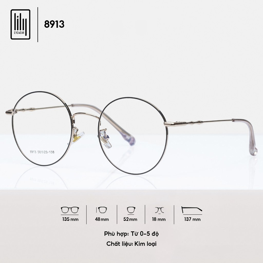 Gọng kính cận nam nữ Lilyeyewear mắt tròn nobita kim loại thanh mảnh màu sắc thời trang 8913