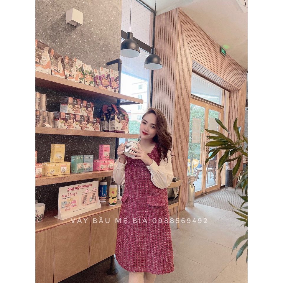 Váy bầu bigsize - Đầm bầu thiết kế GuMe DẠ TWEED CAO CẤP 2 lớp MÀU ĐỎ CỔ VUÔNG PHỐI TAY HANBUTAI- MB269