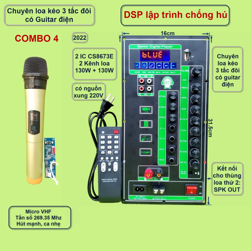 Mạch loa kéo 2 kênh 3 tấc đôi có Guitar điện 2 IC CS8673E 130W + 130W có nguồn xung 220V kèm Micro đơn