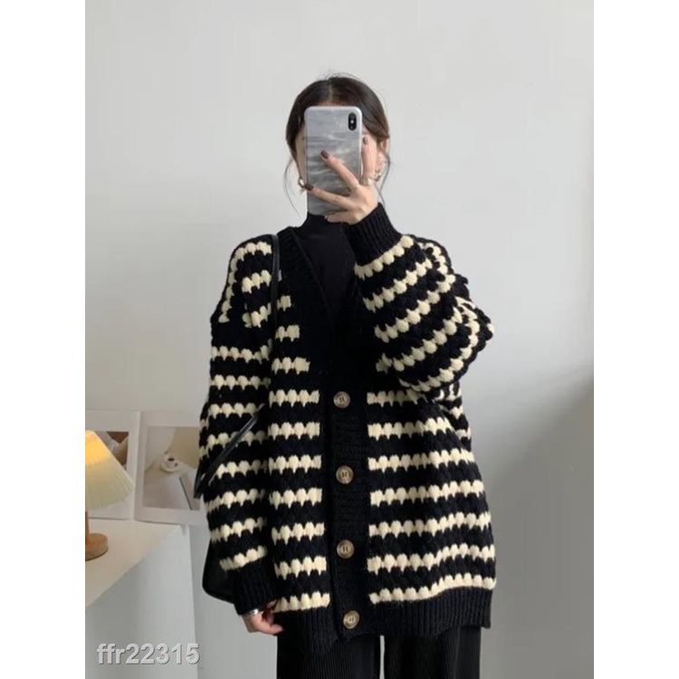 ✨Áo Len Ấm Áp✨ Áo Khoác Cardigan Cổ Chữ V Kẻ Sọc Màu Sắc Tương Phản Thời Trang Thu Đông Phong Cách Châu Âu Cho Nữ