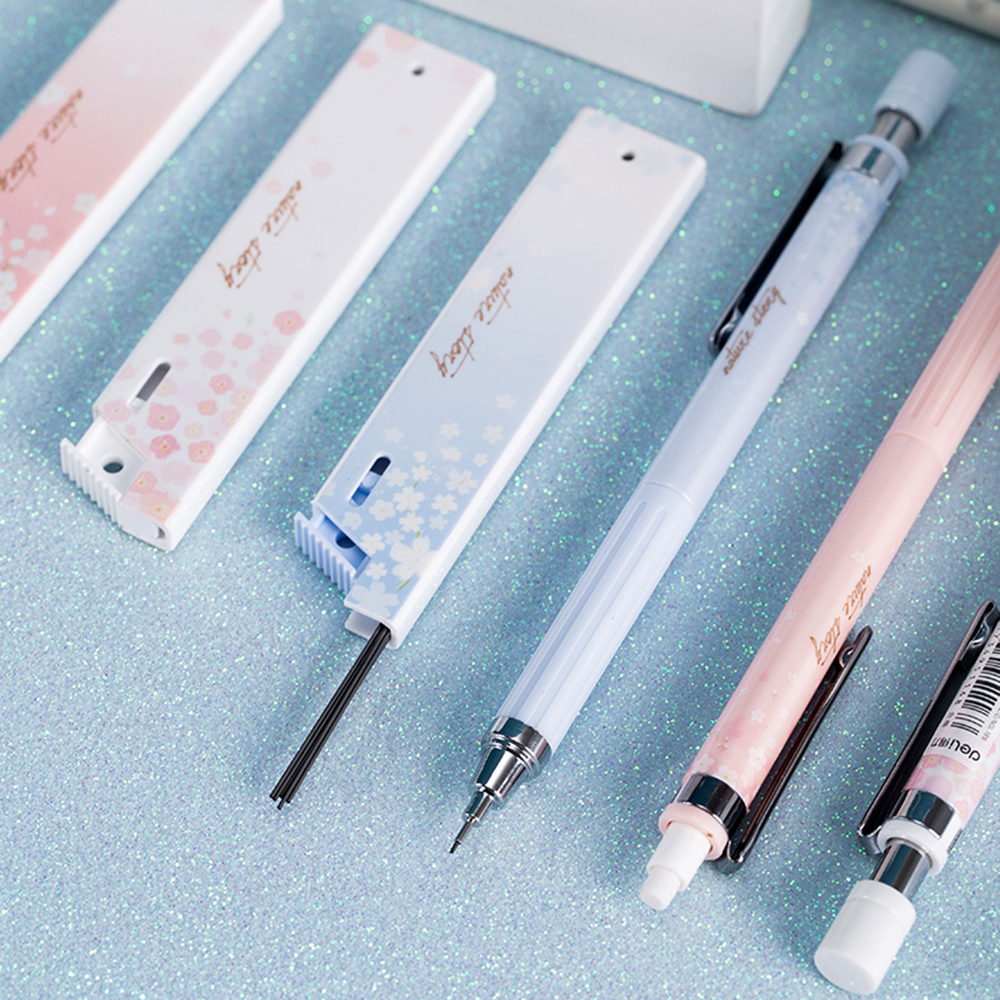Set Bút Chì Bấm Ngòi 0.5mm Vỏ Cao Su Họa Tiết Hoa Anh Đào Dễ Thương